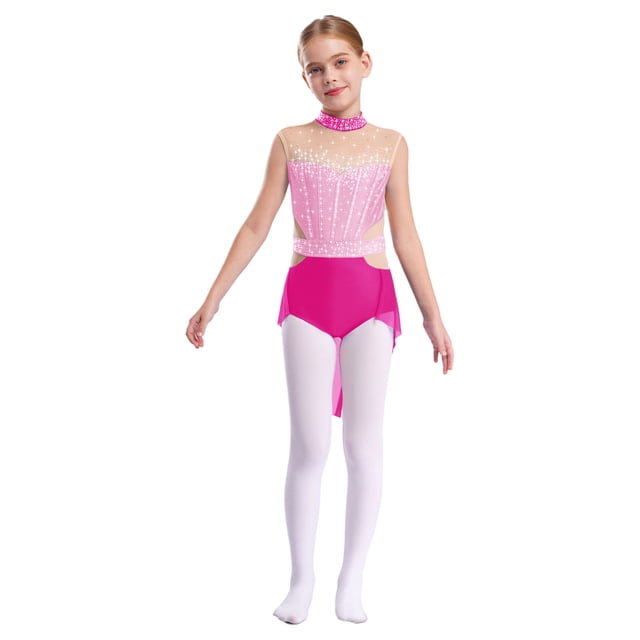 Jhaoyu Robe de Danse Lyrique pour Filles Robe de Ballet Enfants Sans Manches Gymnastique Justaucorps Jupe Haute Basse Rose&Rose Vif 14