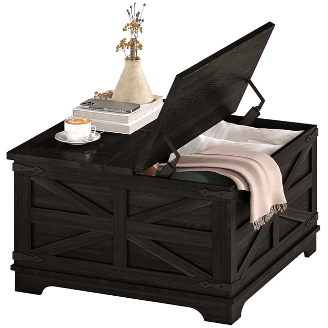 HOMCOM Table Basse avec Dessus Rabattable Rangement Caché, Table Centrale Carrée Noire. une Table Basse Noire Style Ferme avec Deux Couvercles à Dessus Rabattable Révélant un Compartiment de Rangement Caché. Fabriquée en Panneau de Particules et MDF avec Revêtement en Mélamine, Elle Présente des Charnières en Métal pour un Fonctionnement Fluide. la Table Est Conçue avec un vase, des Livres et une Tasse de Café sur le Dessus, pendant Qu'une Couverture et d'Autres Articles Sont Rangés à l'Intérieur. Dimensions : 31.5 Pouces L x 31.5 Pouces L x 18.3 Pouces H.