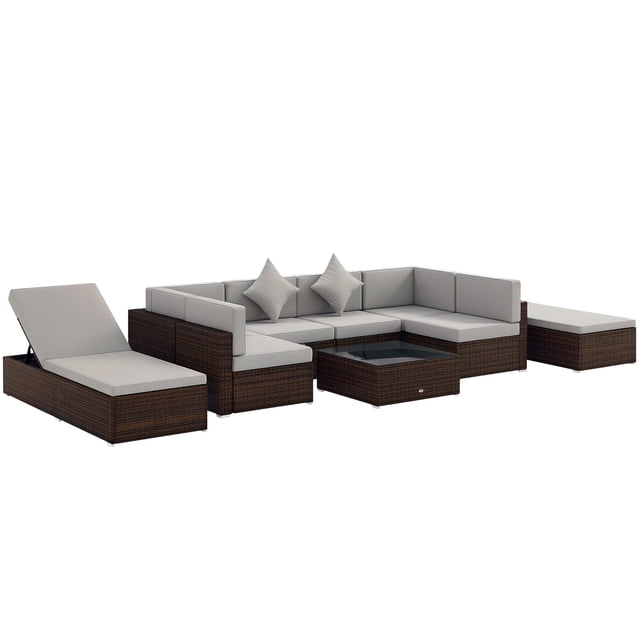 Outsunny 9 Pieces Wicker Patio Furniture Set with Cushion, Light Grey
