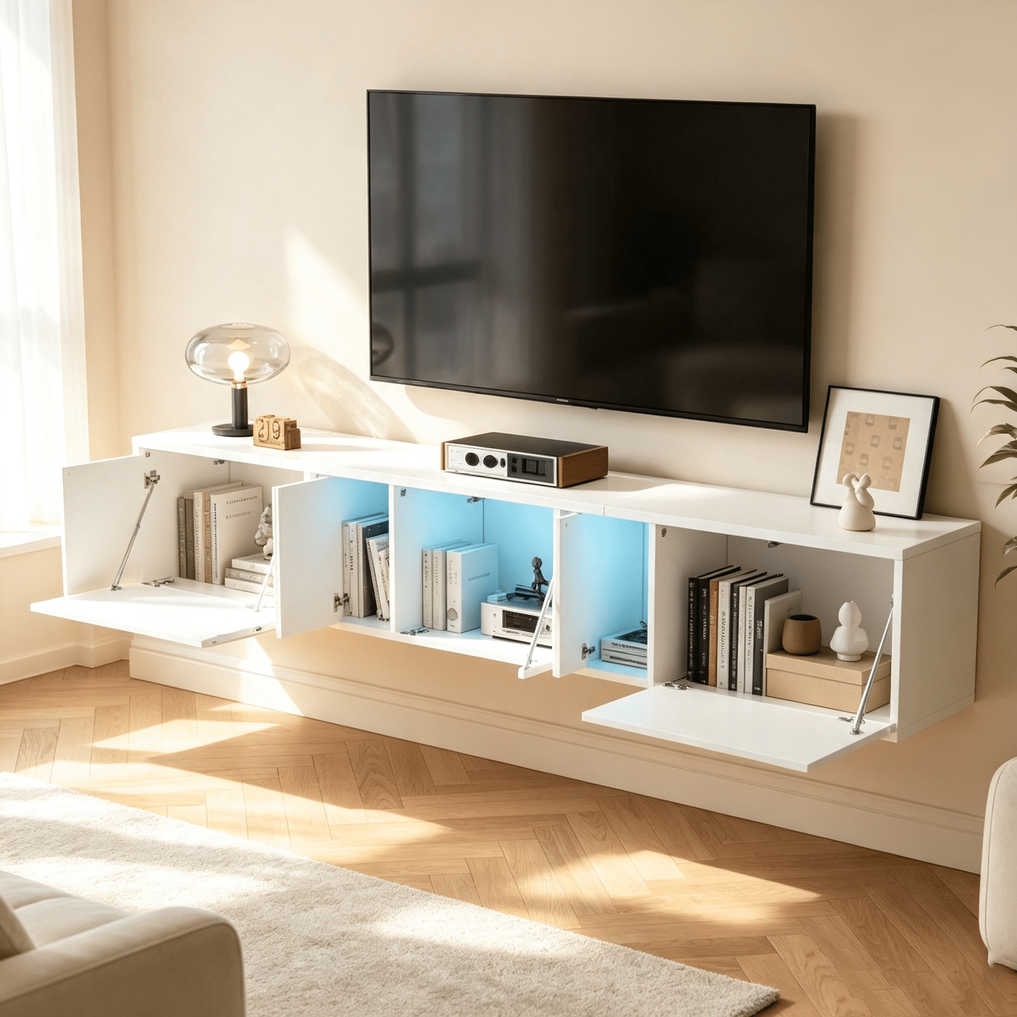 Homy Casa meuble télé flottant 64,9 po avec DEL, 3 portes et 5 compartiments pour téléviseur 65 po