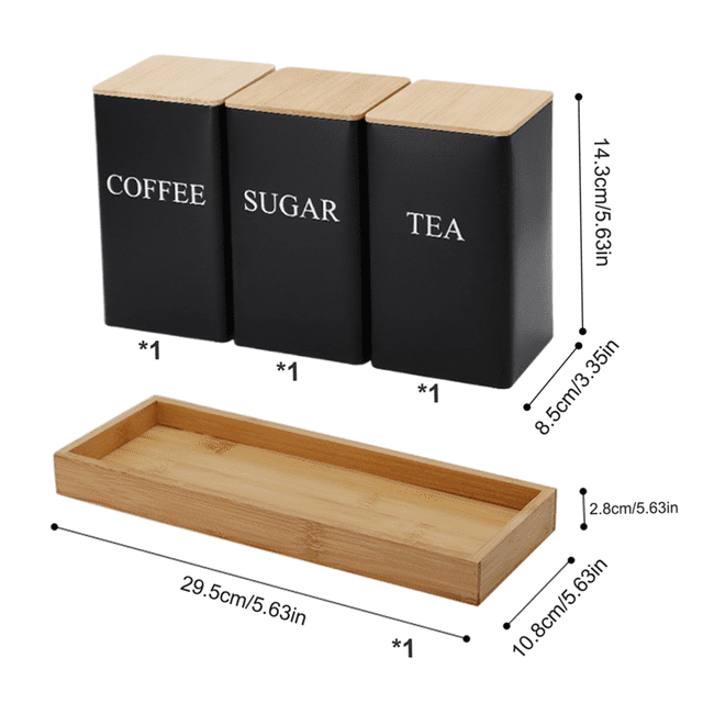 3PCS Set Tea Coffee Sugar Canister Set with Tray featuring three black iron storage jars labeled 'Tea,' 'Coffee,' and 'Sugar,' each with a bamboo lid for airtight sealing. Includes a matching bamboo tray for organization and portability. Ideal for storing dry goods like tea leaves, coffee grounds, sugar, or other pantry items. Dimensions of the jars are 14.3 cm tall and 8.5 cm wide, with the tray measuring 29.5 cm in length.