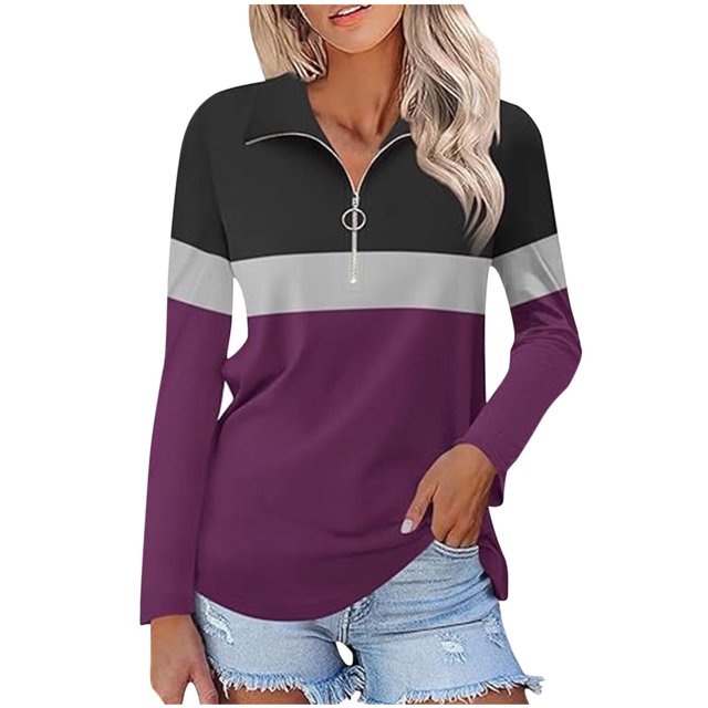 Plebaso Chemises à Manches Longues pour Femmes à Blocs de Couleur Quart Zip Hauts Décontractés Col Pull Blouses pour Femmes
