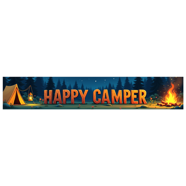 Forest Design Happy Camper Tent Banner Campfire Nature Scene for Outdoor Adventure Camping Event