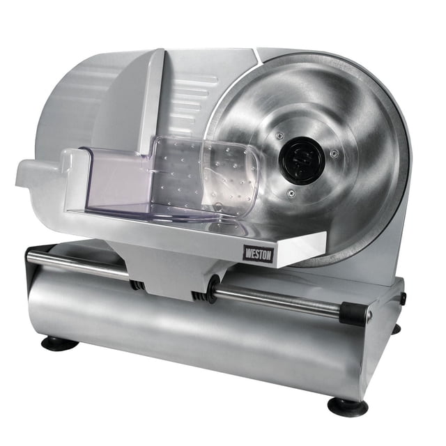 Weston 9" Electric Meat Slicer with 200 watt motor, 9-inch serrated stainless steel blade, adjustable thickness control from deli-thin to 1/2 inch, smooth stainless steel food tray with suction feet for stability, and removable blade for easy cleaning, shown in a 3/4 front view.