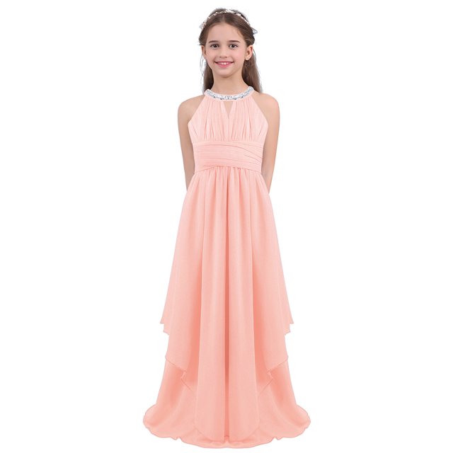 Miaeowve Flower Girls Sequined Halter High Neck Ruched Bust Chiffon Maxi Party Dress Wedding Prom Ball Gown Light Pink 12