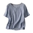 thumbnail image 2 of Meichang Hauts en Coton et Lin pour Femmes Décontractés d'Été à Manches Courtes à Col Rond T-Shirts Rétro Coupe Ample T-Shirts Unis Fluides Blouses Courtes de Vacances Bleu G, 2 of 4