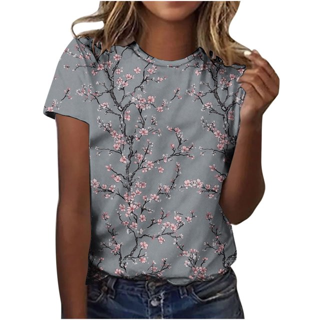 Pisexur Hauts d'Été pour Femmes, Blouses Habillées Décontractées pour Femmes, Hauts à la Mode pour Femmes, Chandail Décontracté Imprimé à Manches Courtes Col Rond, Grandes Tailles pour Femmes Multicolore, 5TG