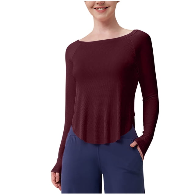 Timegard Workout Tops for Women Scoop Neck Long Sleeve Crop Tops Irregularly Athletic Running Tee Shirts