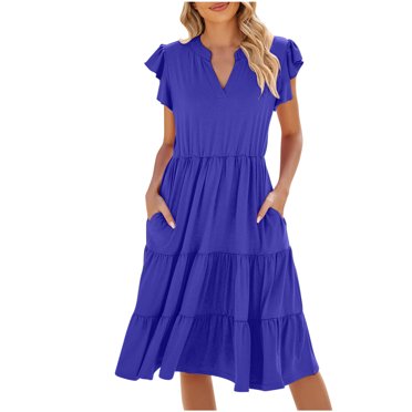 hotojiny Dresses for Women 2025 Trendy Ruffle Short Sleeve Notch V Neck Tshirt Dress Casual Summer Tiered Beach Vacation Sundress with Pockets