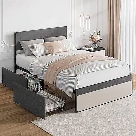Alician Queen Bed Frame with 2 Storage Drawers & Headboard, Linen Fabric Wrap, Upholstered Full Size Platform Bed Frame
