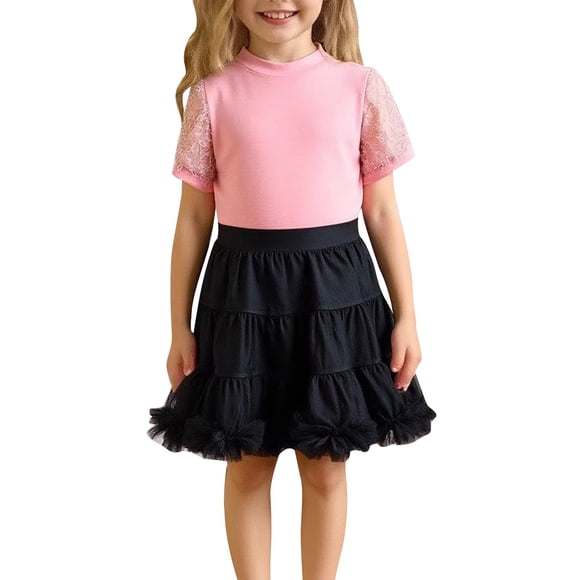 XXWXYD T-Shirt à Manches Courtes Style Européen et Américain Patchwork avec Robe Jupe Bouffante Confortable et Mignonne Ensemble Assorti T-Shirt et Short pour Filles d'Âge Préscolaire pour la Première Journée d'École