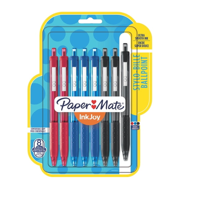 Papermate Paper Mate InkJoy 300RT Stylos à Bille Rétractables à Pointe Moyenne Assortis, Paquet Contenant Huit Stylos en Encre Rouge, Bleue et Noire avec Pointes Moyennes de 1,0 mm, Encre Ultra Lisse et Poignées Confortables, Présentés dans un blister en Plastique Transparent avec Dos à Pois Bleus et Jaunes, Convient aux Fournitures de Bureau et Scolaires.