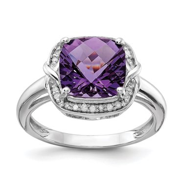 Bague en Argent Sterling 925 Rhodié avec Diamant et Améthyste à Carreaux