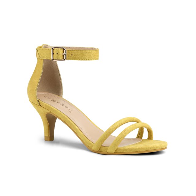 BLISSFUL STEP Women's Shoes Faux Suede Ankle Strap Kitten Heel Slide Straps Solid Sandals Yellow 8.5