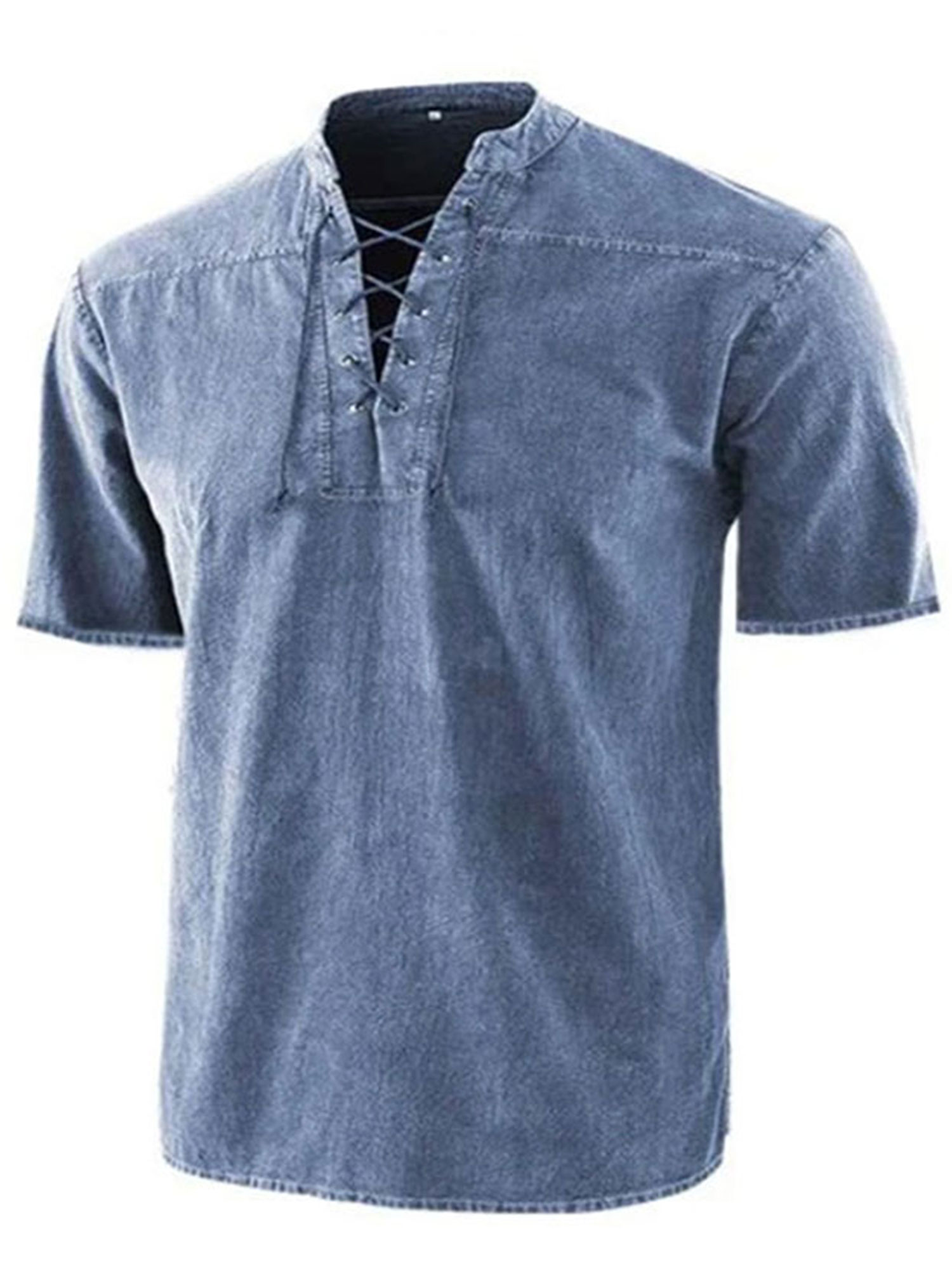LUXUR Chemises pour Hommes Col Montant T-Shirt Manches Courtes Hauts Blouse Rétro Lacée Tee Bleu 4TG