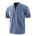 thumbnail image 1 of LUXUR Chemises pour Hommes Col Montant T-Shirt Manches Courtes Hauts Blouse Rétro Lacée Tee Bleu 4TG, 1 of 2