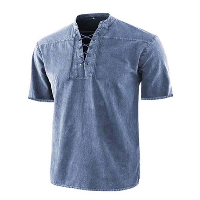 LUXUR Chemises pour Hommes Col Montant T-Shirt Manches Courtes Hauts Blouse Rétro Lacée Tee Bleu 4TG