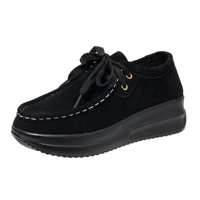 Running Shoes Women Round Toe Lace-Up Slip-On Thick Sole Wedge Heel Loafers Solid