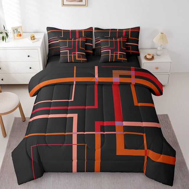 Geometric Square Bed in a Bag 7pcs Black and Red Orange Bedding Set, Modern Abstract Full Size Comforter Set Contemporary Rectangle Bedding Comforter Sets, Mid Century Lines Bed Set for Boys Girls