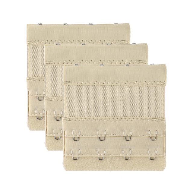 INSPIRE CHIC Women's Stretchy Replacement Extender Bra Strap Extending, featuring a set of three beige bra extenders with 2 rows and 4 hooks. Made from nylon, fleece, spandex, and metallic materials, these extenders measure 7.5 x 3.7 cm (3 x 1.5 inches) and are designed to increase bra band length for added comfort. The solid color and adjustable, stretchy design make them suitable for low-back dresses and multi-hooked bras. Includes velvet fabric backing for cleaning and skin-friendly materials for comfort.