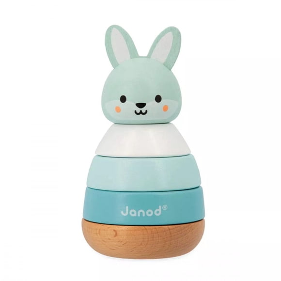 Janod - Lapin à Empiler - Jouet de Construction 2 en 1 - Jeu de Manipulation et de Préhension - Bois - Compétences Motrices - Éveil - Pour Bébés et Tout-Petits - 12 Mois et +