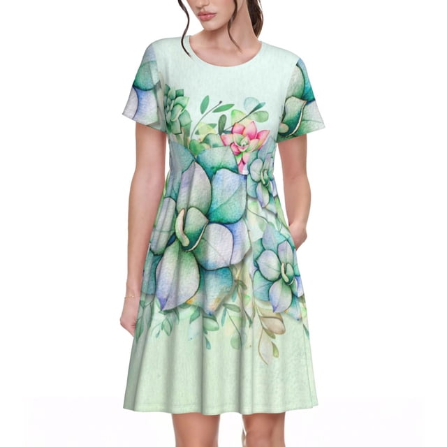 Bixox Robe d'Été à Manches Courtes pour Femme, Coupe Ample Évasée, Longueur Genou, avec Poches - Succulent