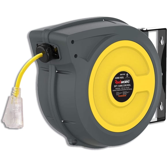 ReelWorks Extension Cord Reel Retractable 12AWG x 50' Foot 3C/SJTOW Slow Retraction Technology