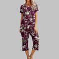 thumbnail image 2 of Mikilon Pyjama Décontracté pour Femmes, Ensemble de Sommeil, Imprimé Vintage, Manches Courtes, Pantalon Capri, 2 Pcs, Col Rond, Tenue de Détente Décontractée avec Poches, Ensemble 2 Pcs, Bourgogne, TG, 2 of 8