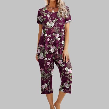 EGNMCR Ensembles de Pyjama pour Femmes Imprimé Floral Décontracté Manches Courtes Pantalon Capri Ample avec Poches Été Femmes Ensemble 2 Pcs Tenues Coton Lin