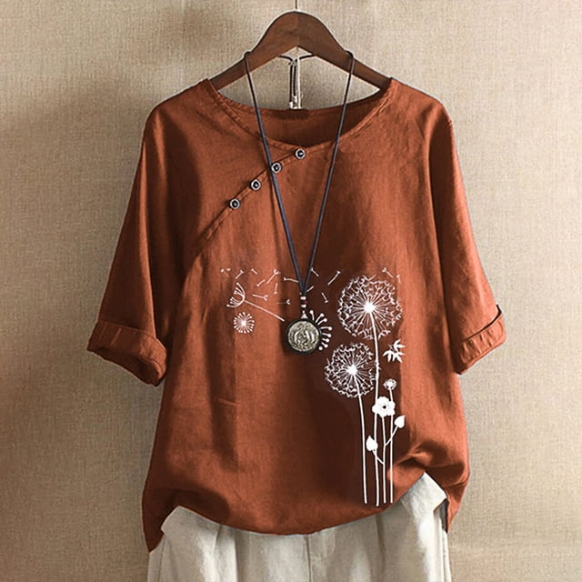 DPTALR T-Shirt Blouse à Manches Courtes Décontracté pour Femmes à Boutons, Imprimé Floral, Couleur Rouille orange avec Imprimé Floral Blanc. Présente une Coupe Décontractée, un design à Boutons Asymétrique, des Manches Courtes Retroussées et une Matière Coton Lin. Idéal pour les occasions Estivales Décontractées Ou le Port Quotidien.