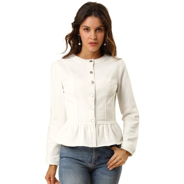 INSPIRE CHIC Veste en Denim à Basque pour Femme, Col Rond, Sans Col, Boutonnée