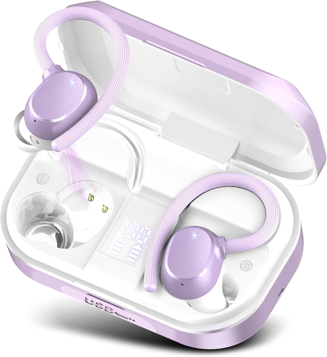 Wireless Earbuds, Bluetooth 5.3 Sport Headphones with Ear Hooks, 128H Playtime, LED Display, IPX7 Waterproof for Gym/Running/Workout, Purple