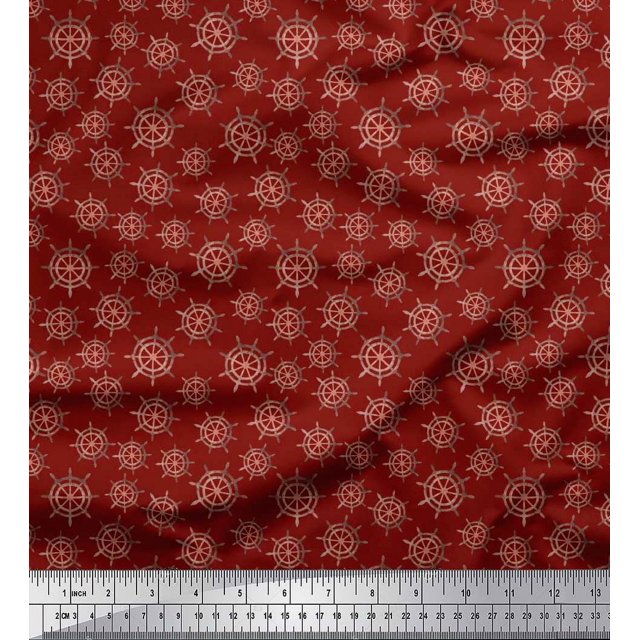 Soimoi Tissu Voile de Coton Rouge Roue de Navire Imprimé Nautique Tissu de Couture au Yard 42 Pouces de Large