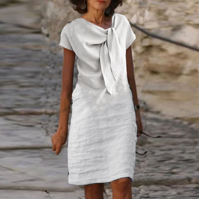 Robes d'Été Grande Taille pour Femmes 2024 Nouvelle Allure Élégante Col Rond à Nouer Manches Courtes Couleur Unie Coton Coton Lin Robe Économisez jusqu'à 65 % de Rabais!