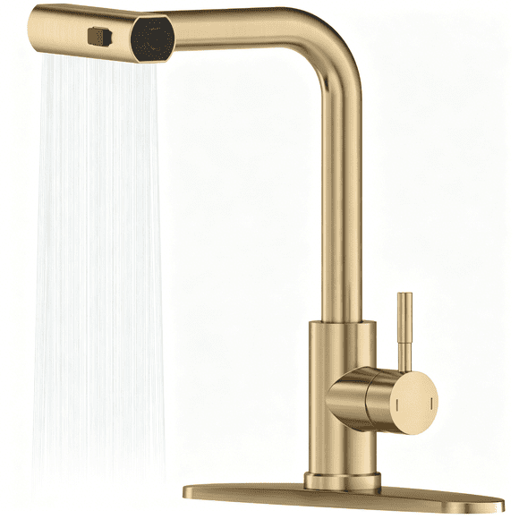 APPASO Brushed Gold Waterfall Kitchen Faucet with Pull Down Sprayer, Stainless Steel Single Handle Sink Faucet, 3 Spray Modes, 360° Swivel Spout, Deck Plate Included