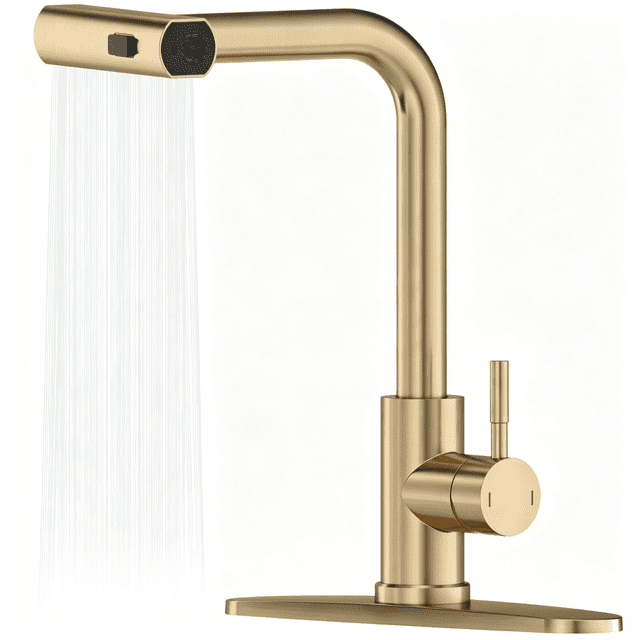APPASO Robinet de Cuisine Cascade Doré Brossé avec Vaporisateur à Descente, Robinet d'Évier à une Seule Poignée en Acier Inoxydable, 3 Modes de Jet, Bec Pivotant à 360°, Plaque de Comptoir Incluse