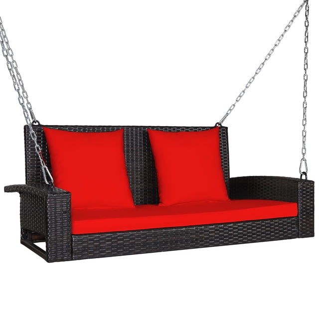 Patiojoy Outdoor Wicker Porch Swing Bench 2-Person Patio Rattan Swing Chair W/ Soft Cushions Red