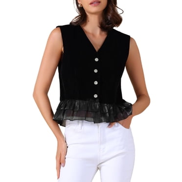 Gilet Vintage pour Femmes Ourlet en Velours et Maille Boutonné pour Cocktail L Noir