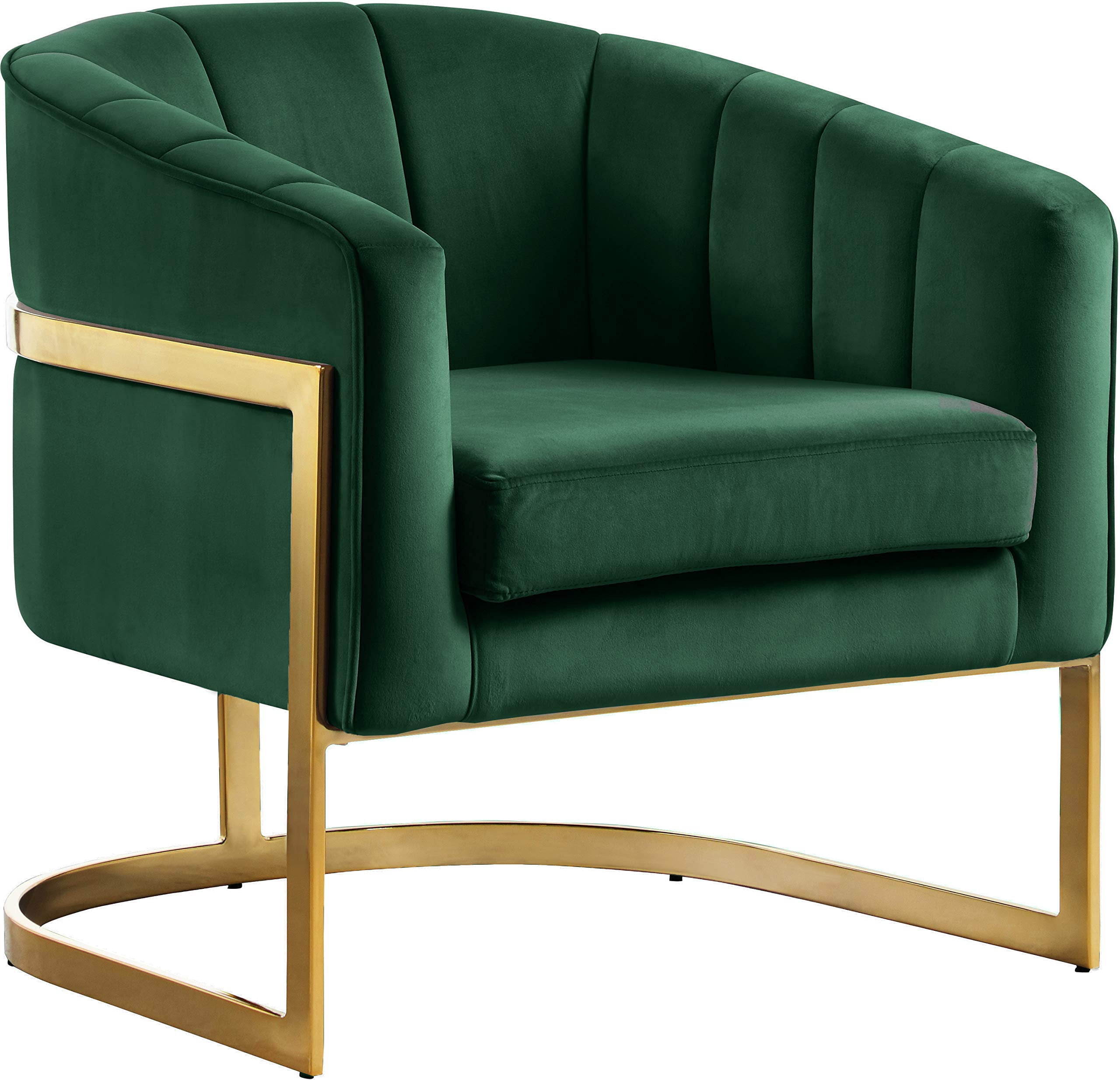 Meridian Furniture Carter Collection Fauteuil d'Appoint Moderne / Contemporain Rembourré en Velours à Dossier Tonneau avec Base en Acier Inoxydable Doré, Vert, 29 Pouces L x 27.5 Pouces P x 31 Pouces H
