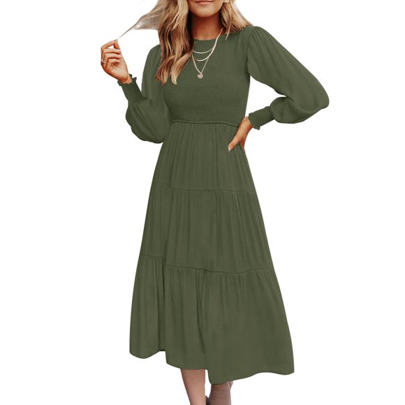 TopLLC Long Sleeve Round-Neck Dress Women Winter Fashion Long Sleeve Round-Neck Solid Long Dress Women Blouse