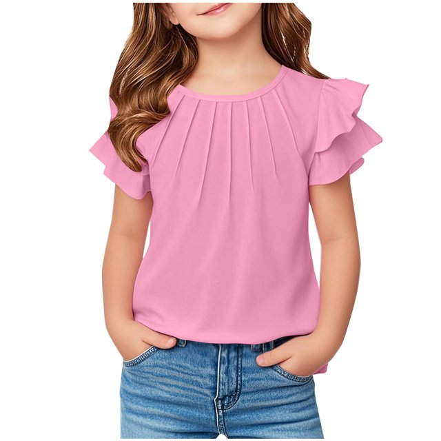 Yanlir 2025 Chemises d'Été pour Enfants Manches Raglan T-Shirt Graphique à Manches Courtes Haut à Col Rond T-Shirt pour Filles Tee Ample Décontracté Hauts (Rose#1, 11 Ans)
