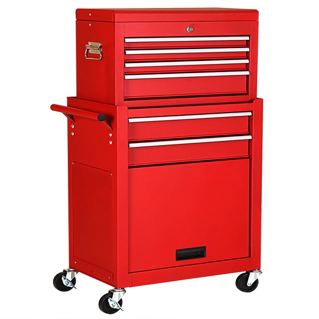 Gymax Coffre de Rangement Roulant 2 en 1 pour Garage avec 6 Tiroirs en Rouge. Fabriqué en Acier durable avec une Finition Enduite de Poudre Résistante à la Rouille. Comprend 4 Petits Tiroirs, 2 Grands Tiroirs, 2 Plateaux et une Armoire Inférieure pour un Rangement d'Outils Organisé. le Coffre Supérieur Est Verrouillable pour une Sécurité Accrue, et la Conception Détachable Permet une Utilisation Séparée Ou Combinée. Comprend 4 Roulettes Pivotantes, 2 avec Freins et une Poignée Latérale pour un Déplacement Facile. dimensions hors Tout : 23.5 Pieds'x13 Pieds'x42.5 Pieds' (LxlxH