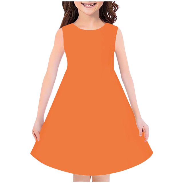 vdgthytj Girls Summer Midi Dresses Round Neck Solid Color Sundress Sleeveless A-Line Flowy Knee Length Dress