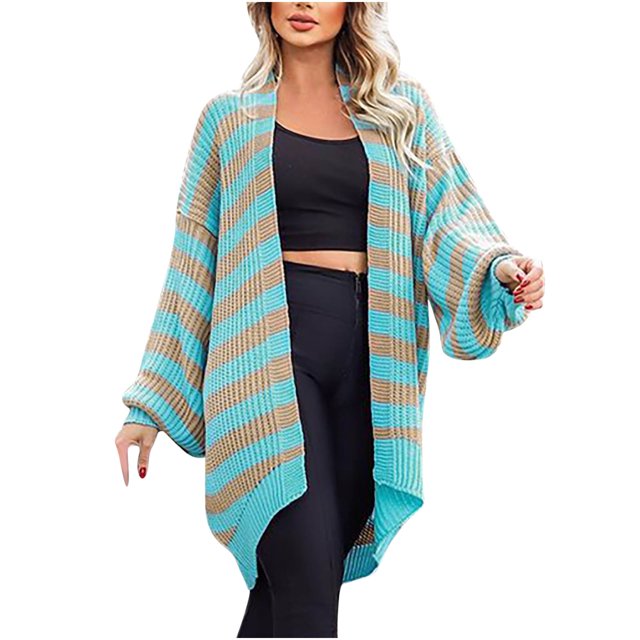 IROINID Cardigan Mi-Long pour Femmes, Veste Ouverte devant, Rayures, Manches Longues, Cardigan Décontracté, Ample, Bleu