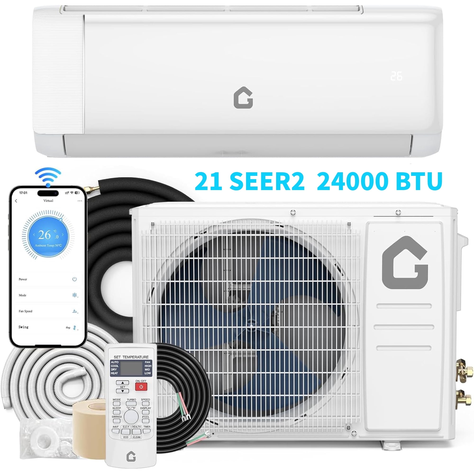YUSAZENS 24000 BTU WiFi Mini Split Air Conditioner with Heat Pump 21 SEER2 Inverter 208-230V Ductless AC Cools Up to 1500 Sq Ft White Wall Mounted