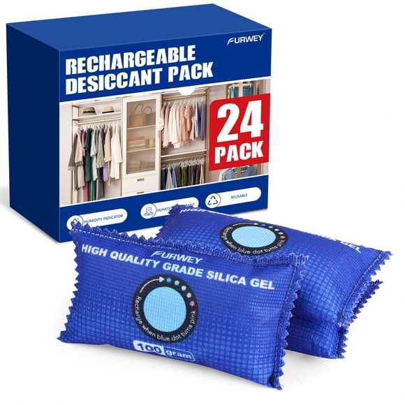 FURWEY 100g [ 24 Packs] Rechargeable Desiccant Packs for Storage, Color Indicating Silica Gel Desiccant Packets, Moisture absorbers for Storage,Dehumidifier bag for Clos