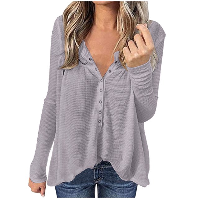 Yuyuzo Womens Long Sleeve Fall Tops Half Button V Neck Loose Fitted Shirts Comfy Textured Blouses