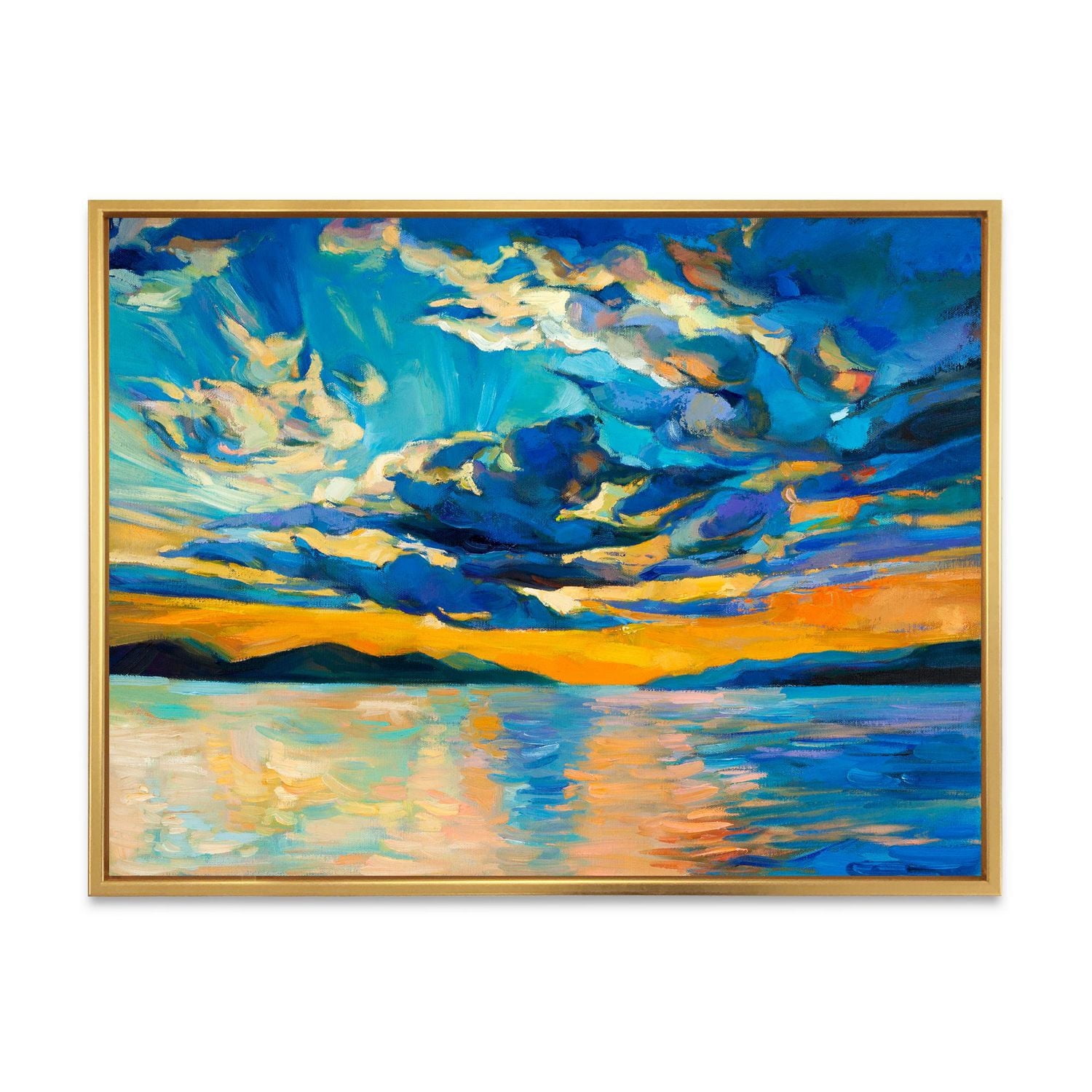 Designart Nuageux grand ouvert coucher de soleil sur l'horizon de l'océan ART MURAL À CADRE FLOTTÉ