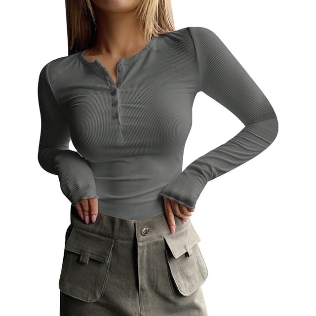 Long Sleeve Tee Shirts 2023 Long Sleeve Shirts for Women V Neck Henley Tops Slim Fit Basic Ribbed Knit Button down T Shirts Tops - Hontri