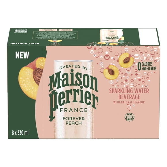 Maison Perrier Forever Peach, Boisson d'Eau Pétillante, Arôme Naturel de Pêche, Sans Calories, Sans Édulcorants, Sans Sodium, d'Origine Française & Embouteillée en France 8x300ml